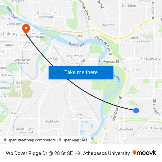 Wb Dover Ridge Dr @ 28 St SE to Athabasca University map