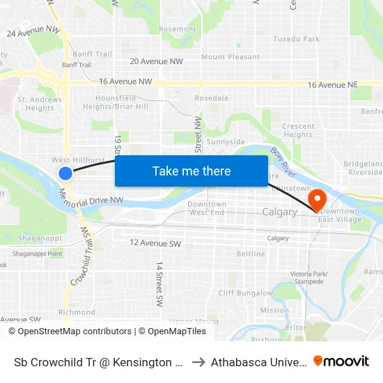 Sb Crowchild Tr @ Kensington Rd NW to Athabasca University map