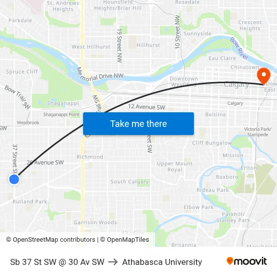 Sb 37 St SW @ 30 Av SW to Athabasca University map