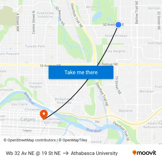 Wb 32 Av NE @ 19 St NE to Athabasca University map