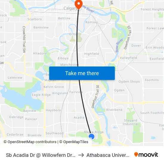 Sb Acadia Dr @ Willowfern Dr SE to Athabasca University map