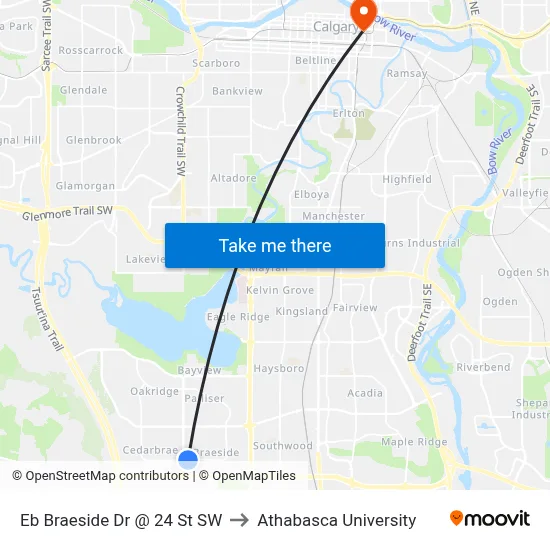 Eb Braeside Dr @ 24 St SW to Athabasca University map
