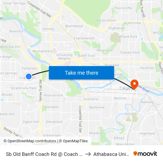 Sb  Old Banff Coach Rd @ Coach Hill Rd SW to Athabasca University map