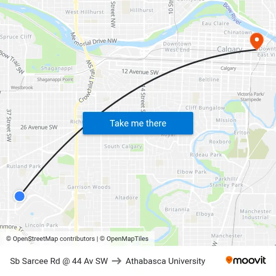 Sb Sarcee Rd @ 44 Av SW to Athabasca University map