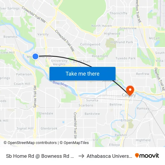 Sb Home Rd @ Bowness Rd NW to Athabasca University map