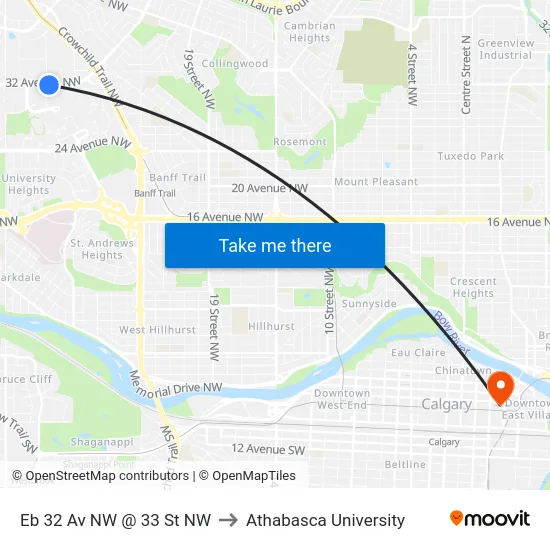Eb 32 Av NW @ 33 St NW to Athabasca University map