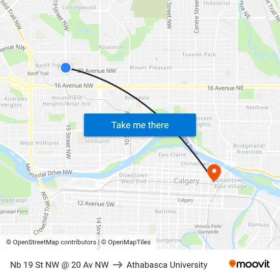 Nb 19 St NW @ 20 Av NW to Athabasca University map