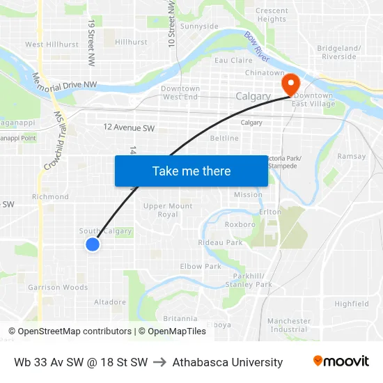 Wb 33 Av SW @ 18 St SW to Athabasca University map