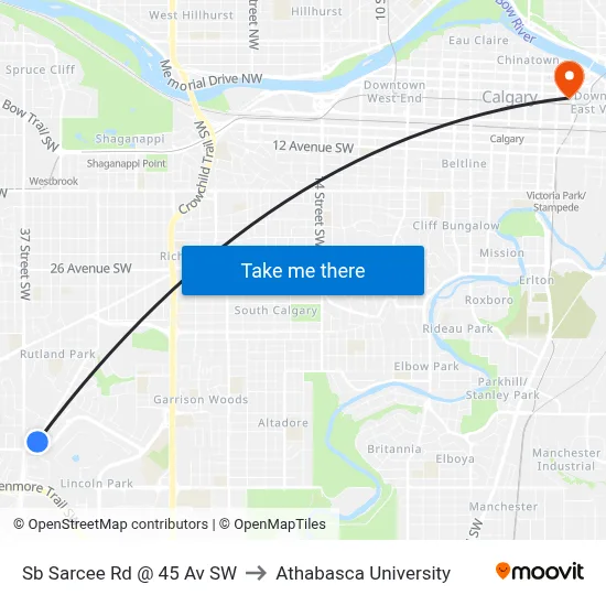 Sb Sarcee Rd @ 45 Av SW to Athabasca University map