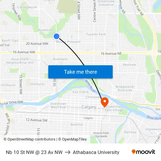 Nb 10 St NW @ 23 Av NW to Athabasca University map