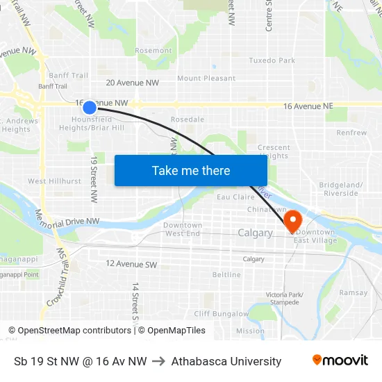 Sb 19 St NW @ 16 Av NW to Athabasca University map