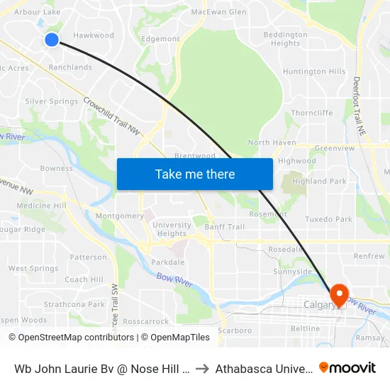 Wb John Laurie Bv @ Nose Hill Dr NW to Athabasca University map