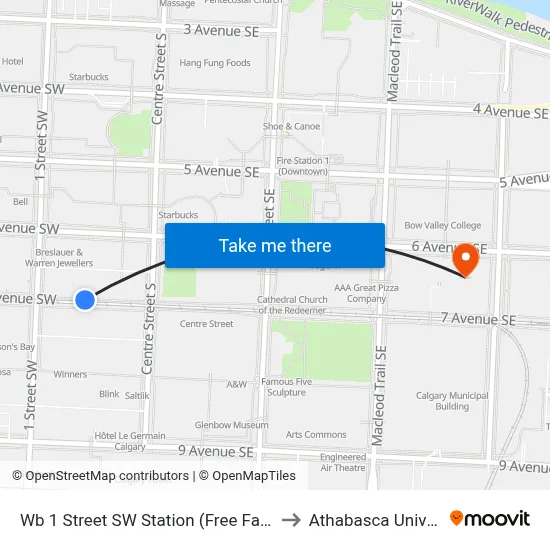 Wb 1 Street SW Station (Free Fare Zone) to Athabasca University map