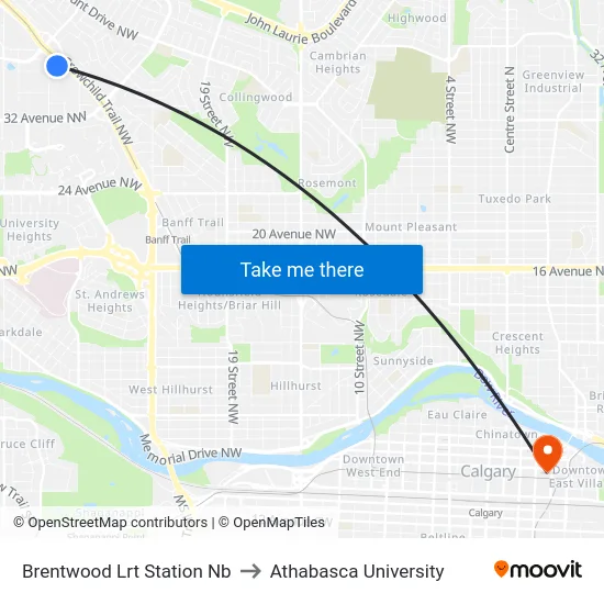 Brentwood Lrt Station Nb to Athabasca University map