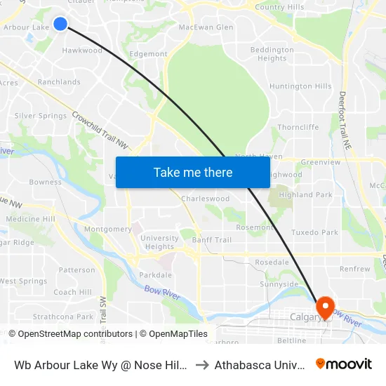 Wb Arbour Lake Wy @ Nose Hill Dr NW to Athabasca University map