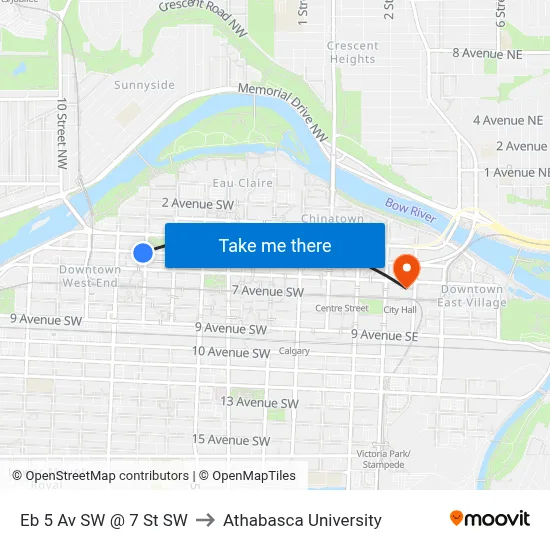 Eb 5 Av SW @ 7 St SW to Athabasca University map
