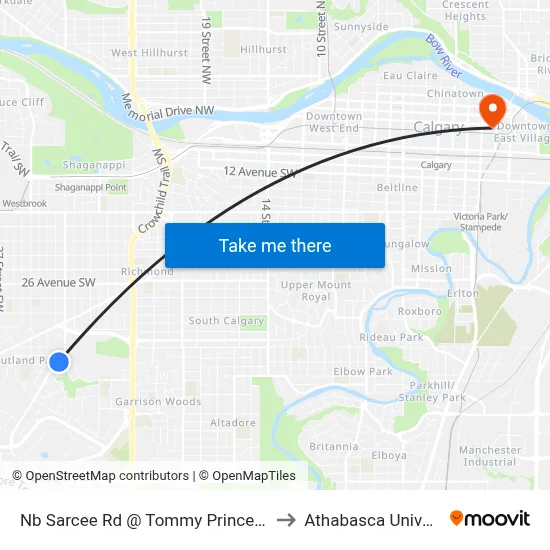 Nb Sarcee Rd @ Tommy Prince Rd SW to Athabasca University map