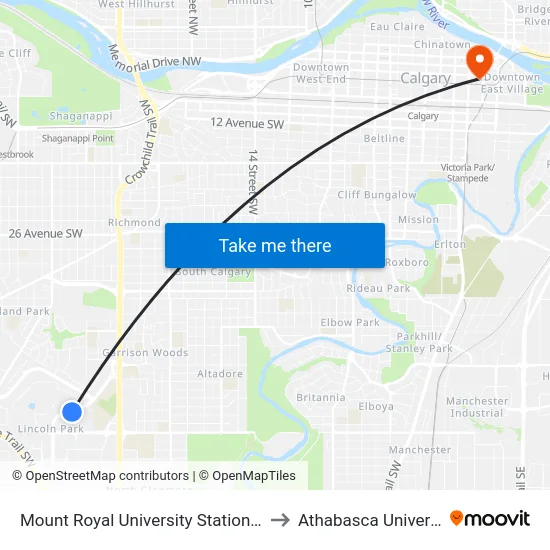 Mount Royal University Station (Nb) to Athabasca University map