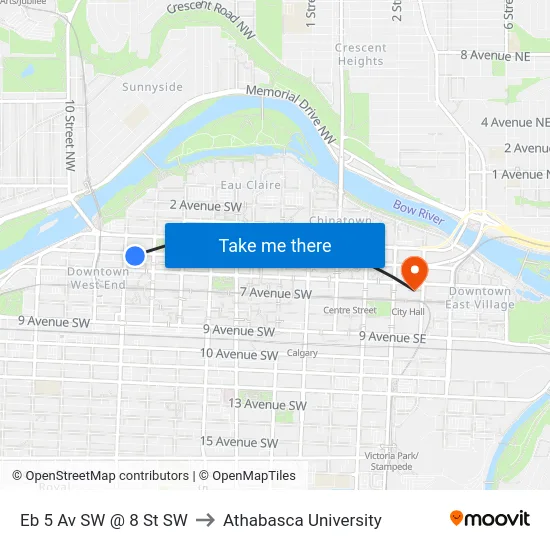 Eb 5 Av SW @ 8 St SW to Athabasca University map