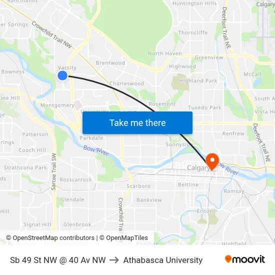 Sb 49 St NW @ 40 Av NW to Athabasca University map