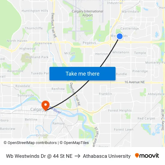 Wb Westwinds Dr @ 44 St NE to Athabasca University map