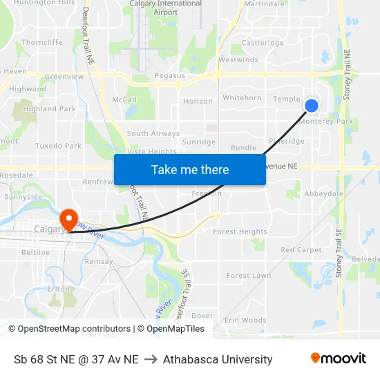 Sb 68 St NE @ 37 Av NE to Athabasca University map