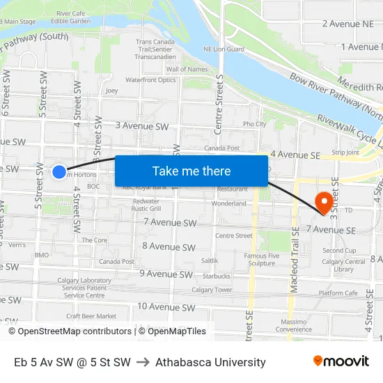 Eb 5 Av SW @ 5 St SW to Athabasca University map