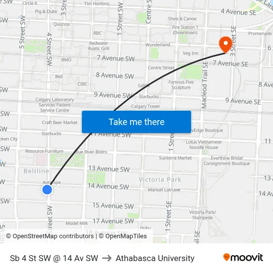 Sb 4 St SW @ 14 Av SW to Athabasca University map