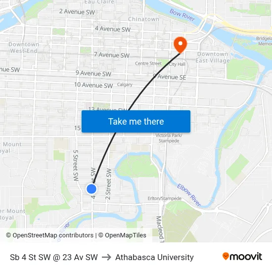 Sb 4 St SW @ 23 Av SW to Athabasca University map