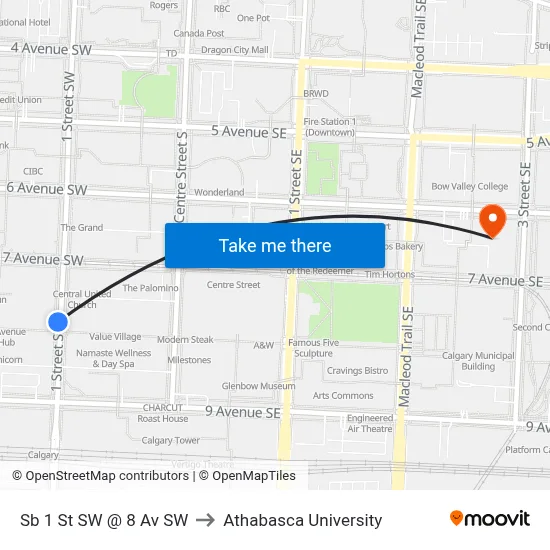 Sb 1 St SW @ 8 Av SW to Athabasca University map