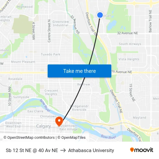 Sb 12 St NE @ 40 Av NE to Athabasca University map