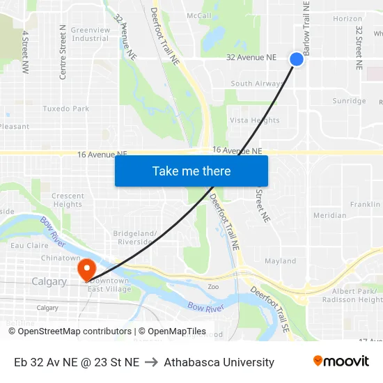 Eb 32 Av NE @ 23 St NE to Athabasca University map