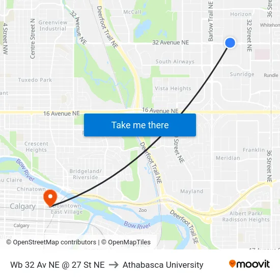Wb 32 Av NE @ 27 St NE to Athabasca University map