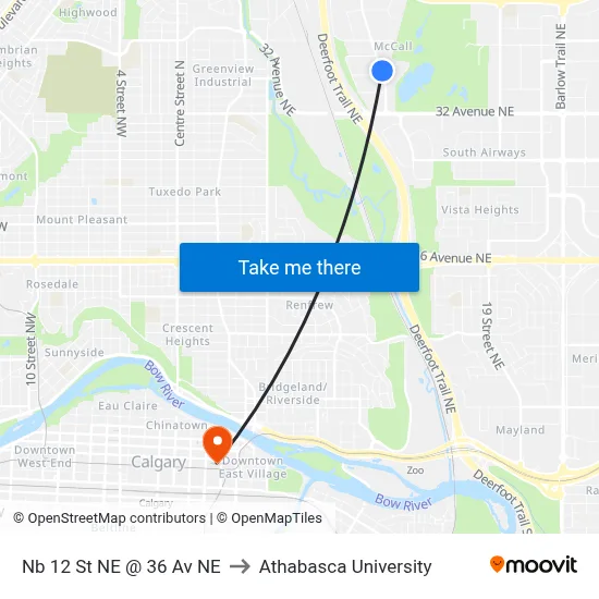 Nb 12 St NE @ 36 Av NE to Athabasca University map