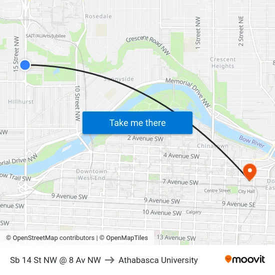Sb 14 St NW @ 8 Av NW to Athabasca University map