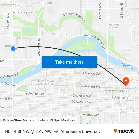 Nb 14 St NW @ 2 Av NW to Athabasca University map