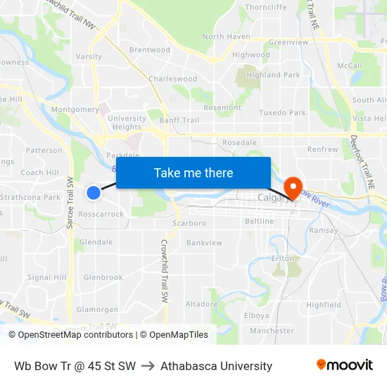 Wb Bow Tr @ 45 St SW to Athabasca University map