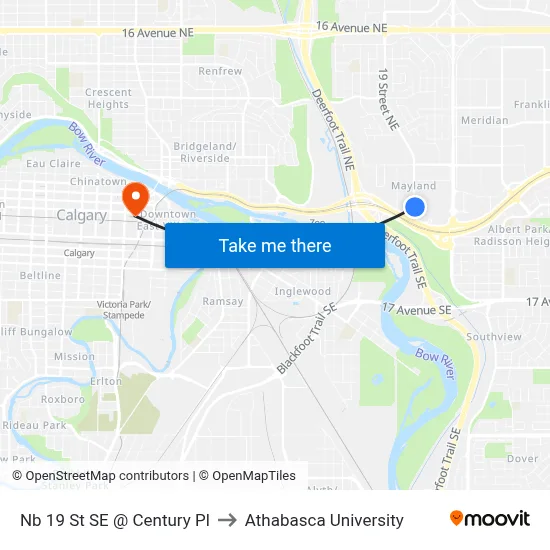 Nb 19 St SE @ Century Pl to Athabasca University map