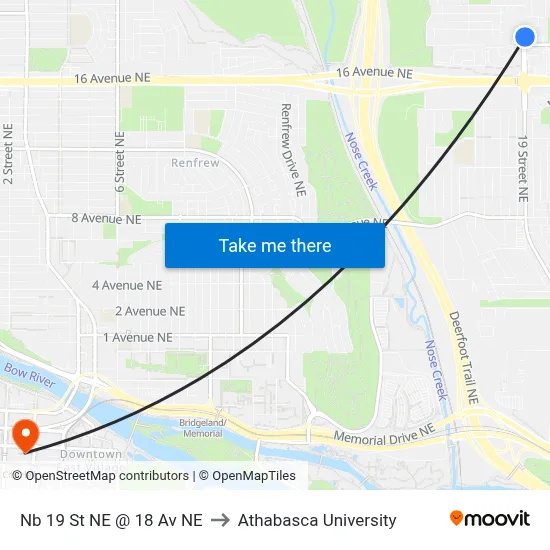 Nb 19 St NE @ 18 Av NE to Athabasca University map