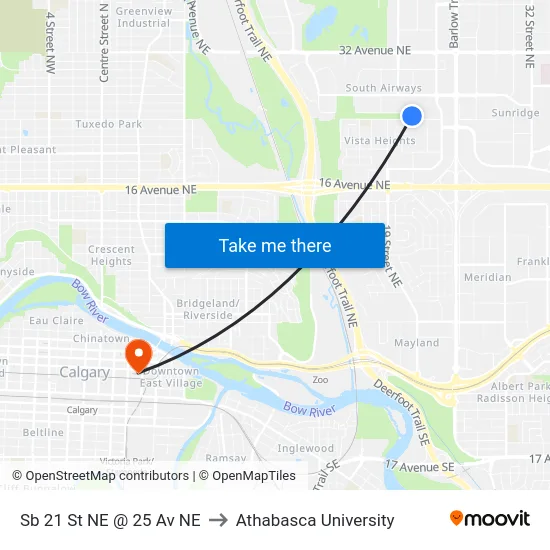 Sb 21 St NE @ 25 Av NE to Athabasca University map