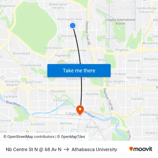 Nb Centre St N @ 68 Av N to Athabasca University map