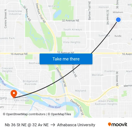 Nb 36 St NE @ 32 Av NE to Athabasca University map