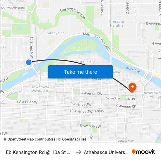 Eb Kensington Rd @ 10a St NW to Athabasca University map