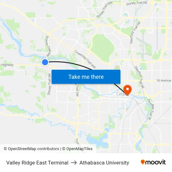 Valley Ridge East Terminal to Athabasca University map