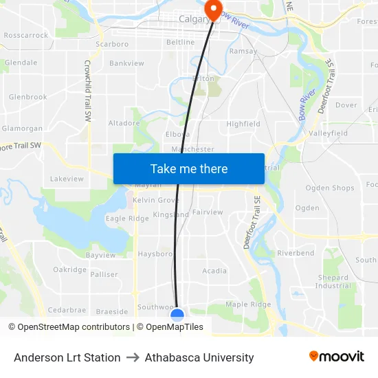 Anderson Lrt Station to Athabasca University map