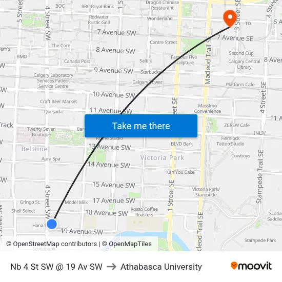 Nb 4 St SW @ 19 Av SW to Athabasca University map