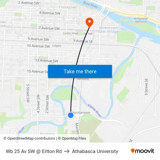 Wb 25 Av SW @ Erlton Rd to Athabasca University map