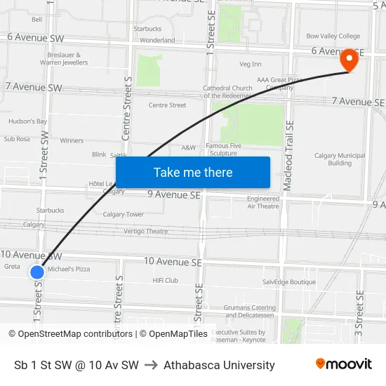 Sb 1 St SW @ 10 Av SW to Athabasca University map