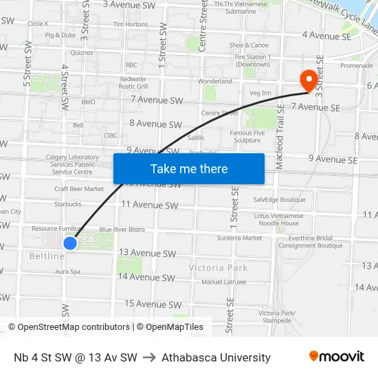 Nb 4 St SW @ 13 Av SW to Athabasca University map