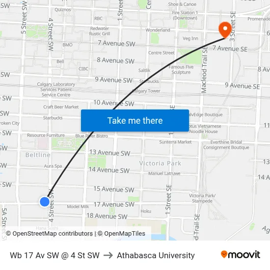 Wb 17 Av SW @ 4 St SW to Athabasca University map